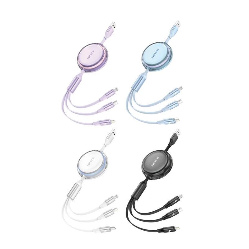 FONENG 1.1M 3-in-1 Retractable Flat Cable 2.1A/2.4A/3A Data Cable X113