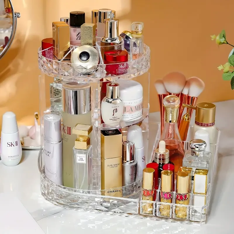 360° Rotating Acrylic Makeup Organizer – Adjustable Cosmetic Storage Stand