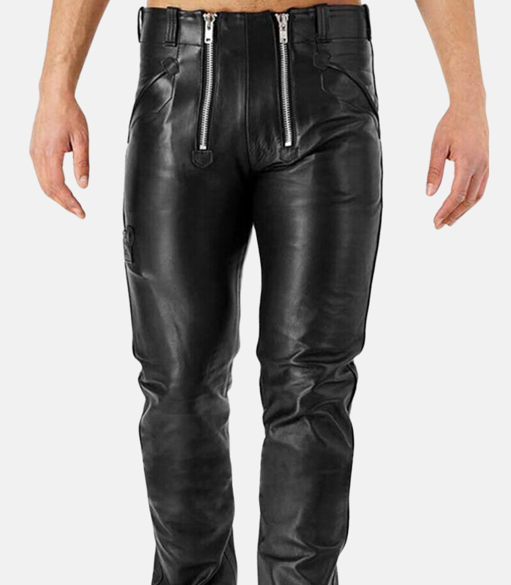 Black Leather Pants For Men Cowhide Leather & Zipper Closure